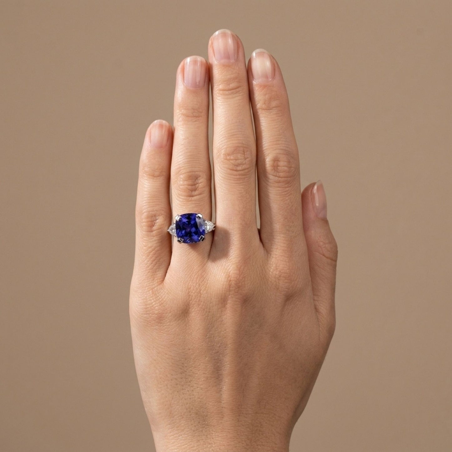 14K 9.10ct Cushion Blue Wing Tanzanite 0.35cttw VS White Diamonds Ring