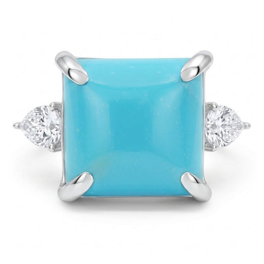 14K 4.74ct Square Sleeping Beauty Turquoise 0.50cttw VS White Diamonds Ring