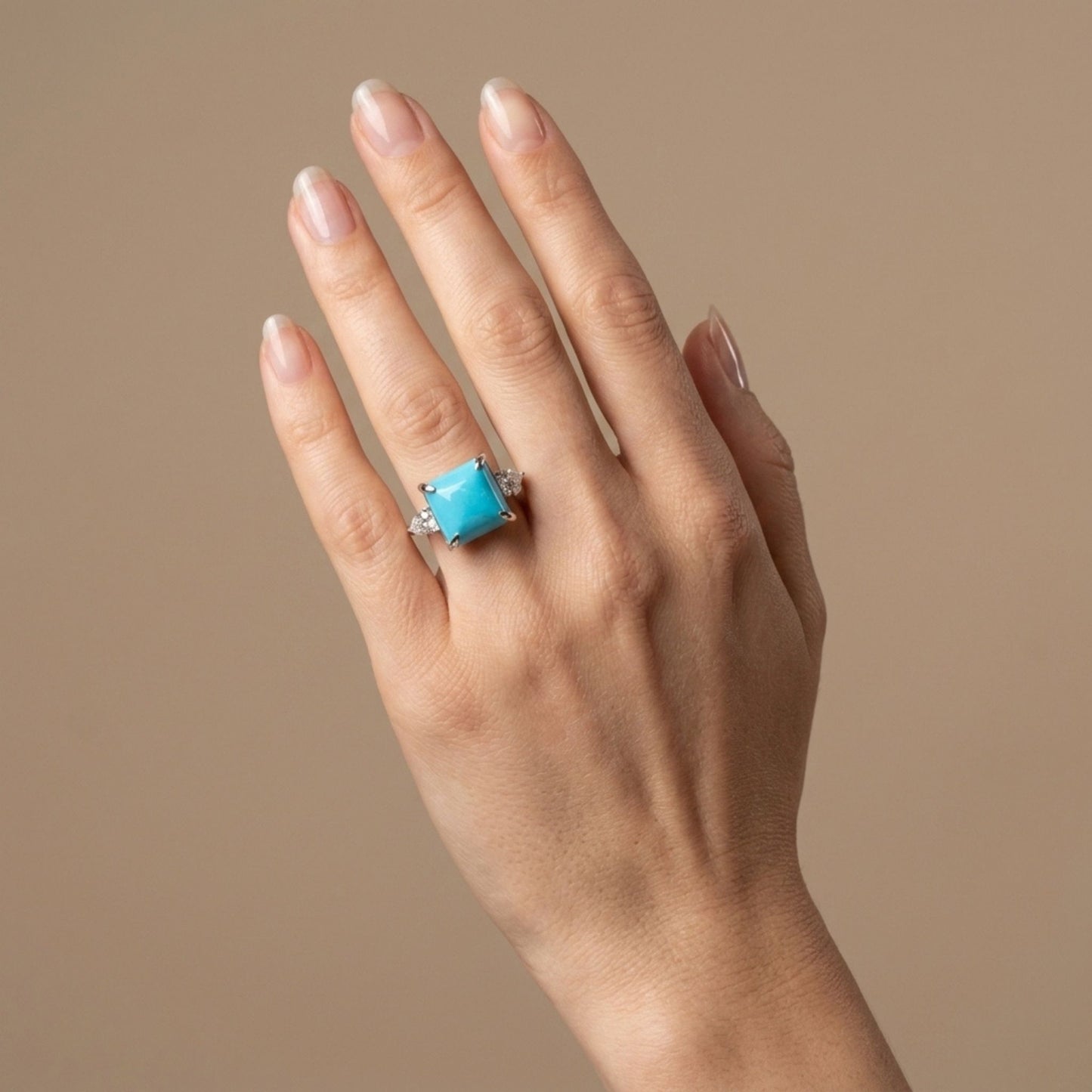 14K 4.74ct Square Sleeping Beauty Turquoise 0.50cttw VS White Diamonds Ring