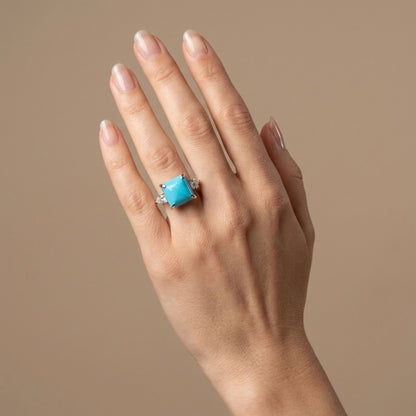 14K 4.74ct Square Sleeping Beauty Turquoise 0.50cttw VS White Diamonds Ring