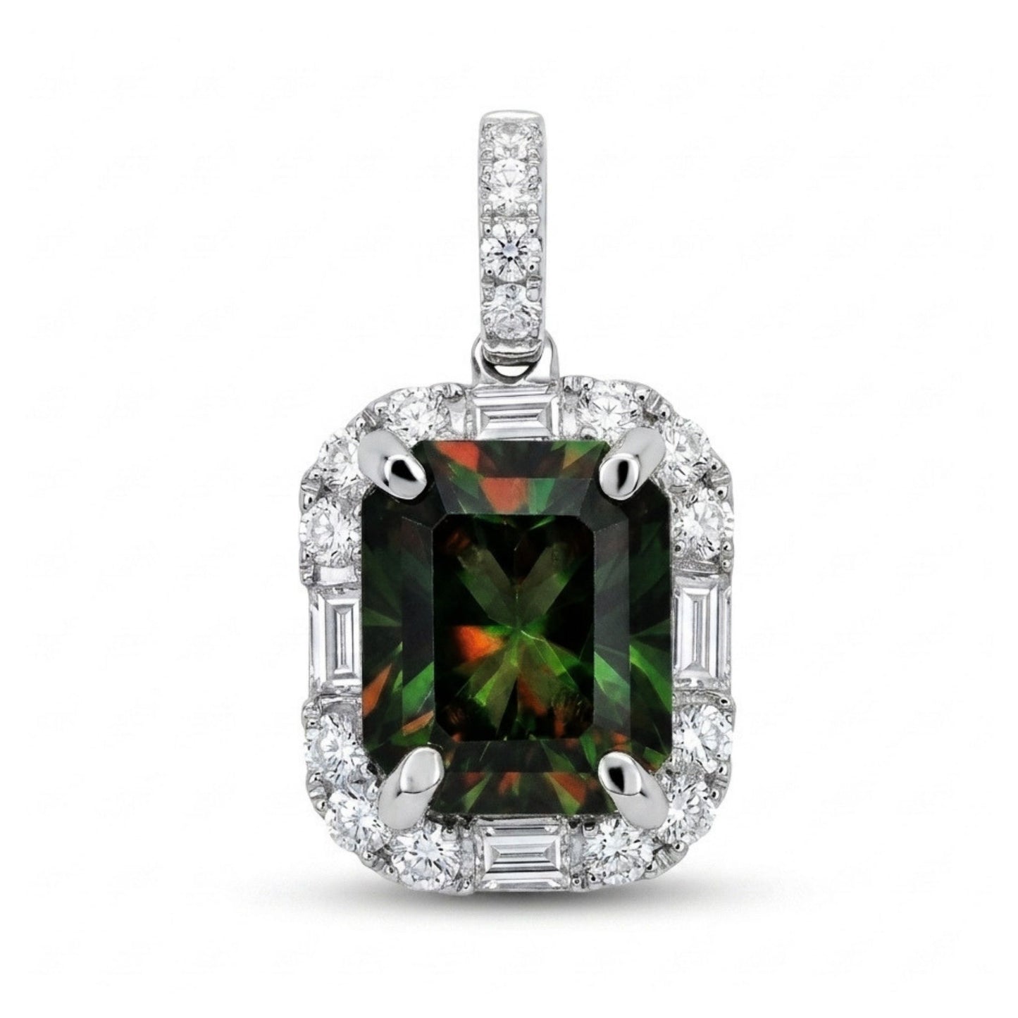 18K 3.23ct Radiant Cut Color Change Sphene 0.48cttw White Diamonds Pendant