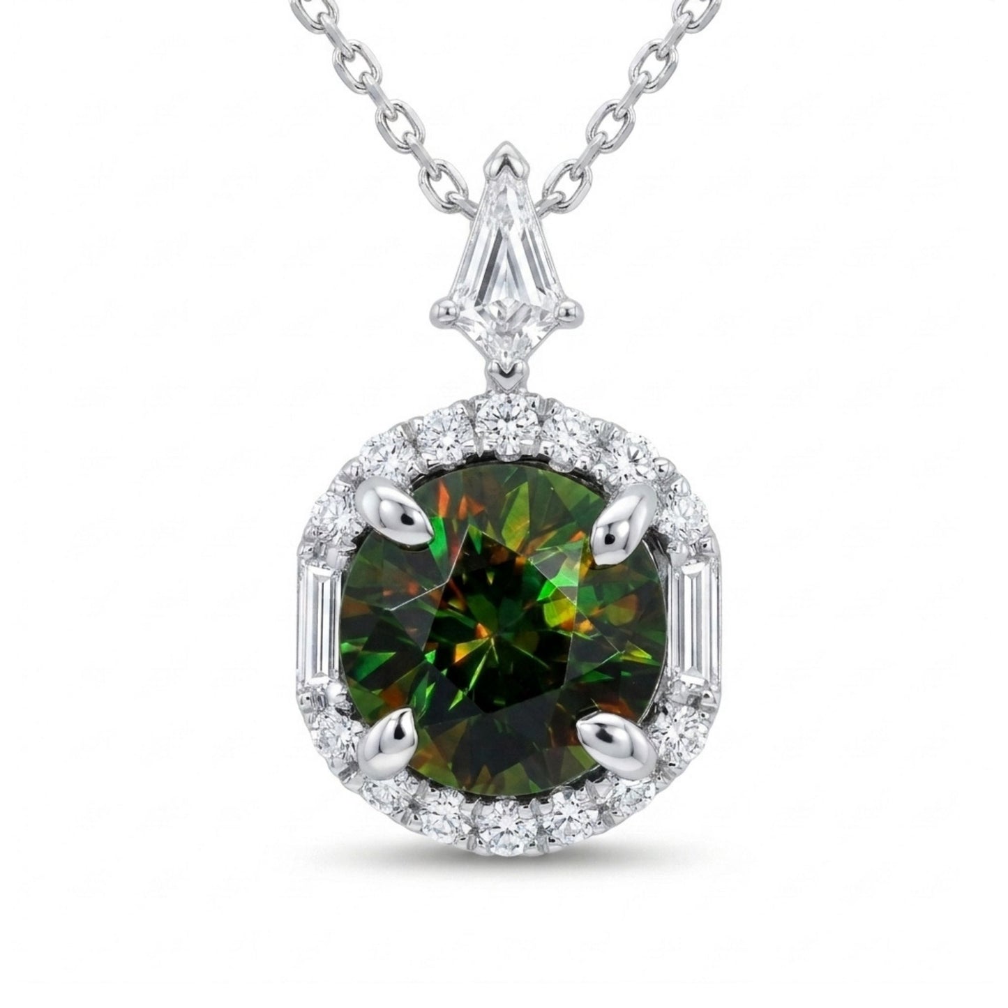18K 1.80ct Round Color Change Sphene 0.48cttw White Diamonds Necklace