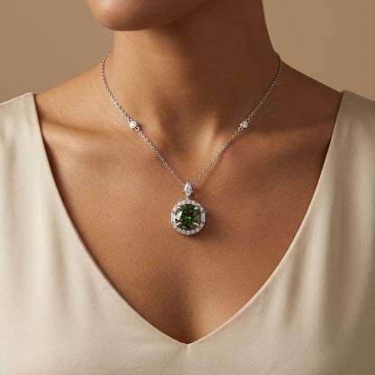 18K 1.80ct Round Color Change Sphene 0.48cttw White Diamonds Necklace