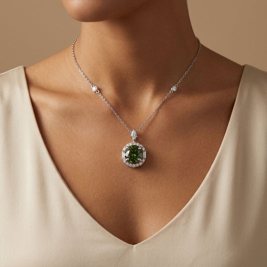 18K 1.80ct Round Color Change Sphene 0.48cttw White Diamonds Necklace