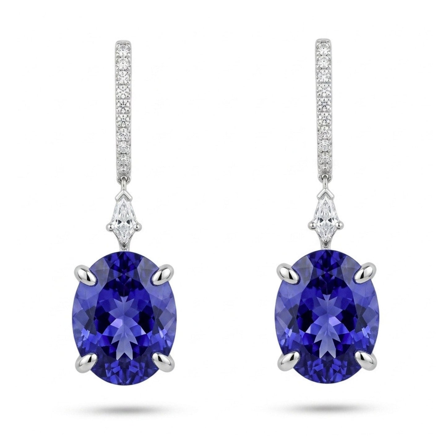 18K 9.11ct Oval Blue Wing Tanzanite 0.32cttw White Diamonds Drop Earrings