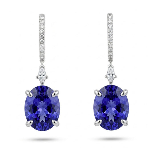 18K 9.11ct Oval Blue Wing Tanzanite 0.32cttw White Diamonds Drop Earrings