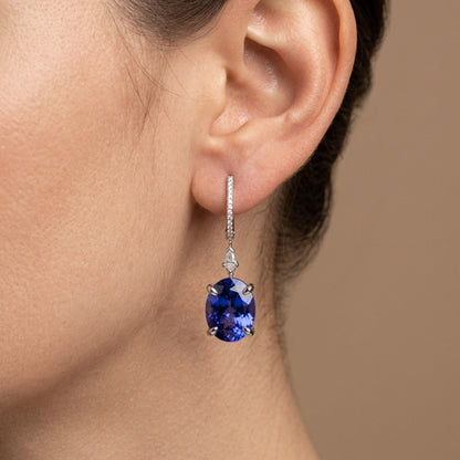 18K 9.11ct Oval Blue Wing Tanzanite 0.32cttw White Diamonds Drop Earrings