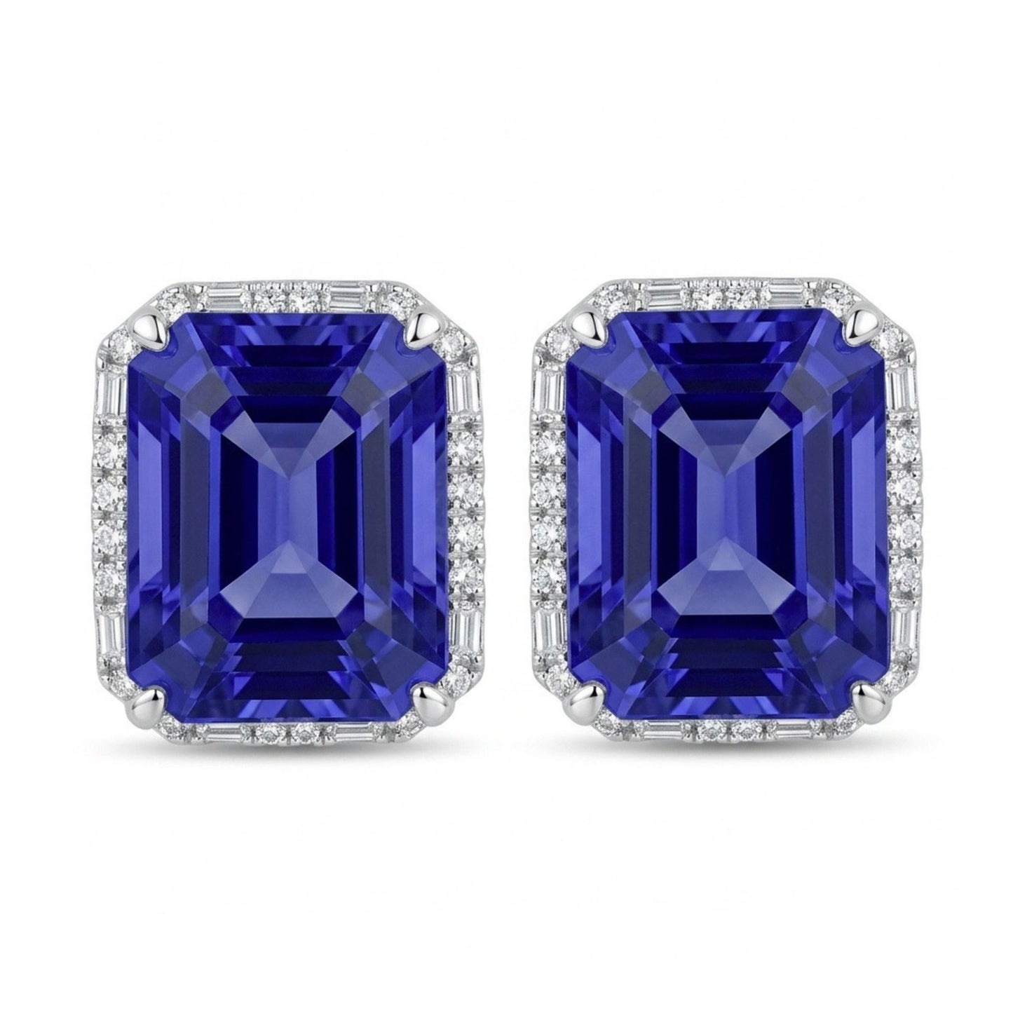 18K 7.20ct Emerald Cut Blue Wing Tanzanite 0.27cttw White Diamonds Stud Earrings