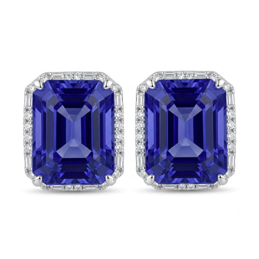 18K 7.20ct Emerald Cut Blue Wing Tanzanite 0.27cttw White Diamonds Stud Earrings