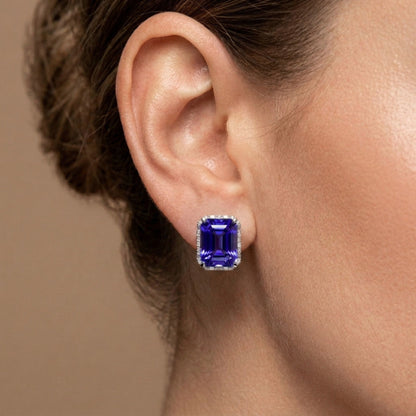 18K 7.20ct Emerald Cut Blue Wing Tanzanite 0.27cttw White Diamonds Stud Earrings