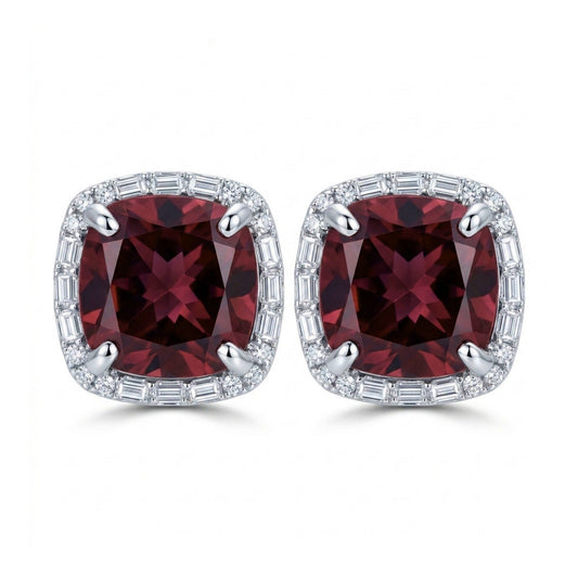 18K 6.94ct Cushion Pink Zircon 0.22cttw White Diamonds Stud Earrings
