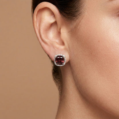18K 6.94ct Cushion Pink Zircon 0.22cttw White Diamonds Stud Earrings