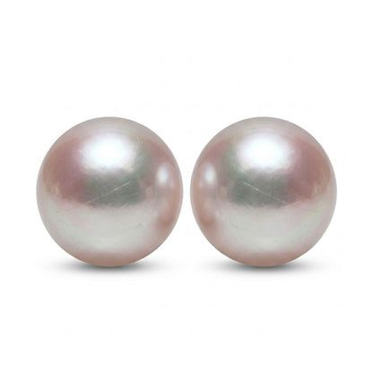 18K Round 13-14mm Freshwater White Pearl Stud Earrings
