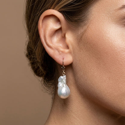 14K Baroque Freshwater White Pearl Drop Earrings