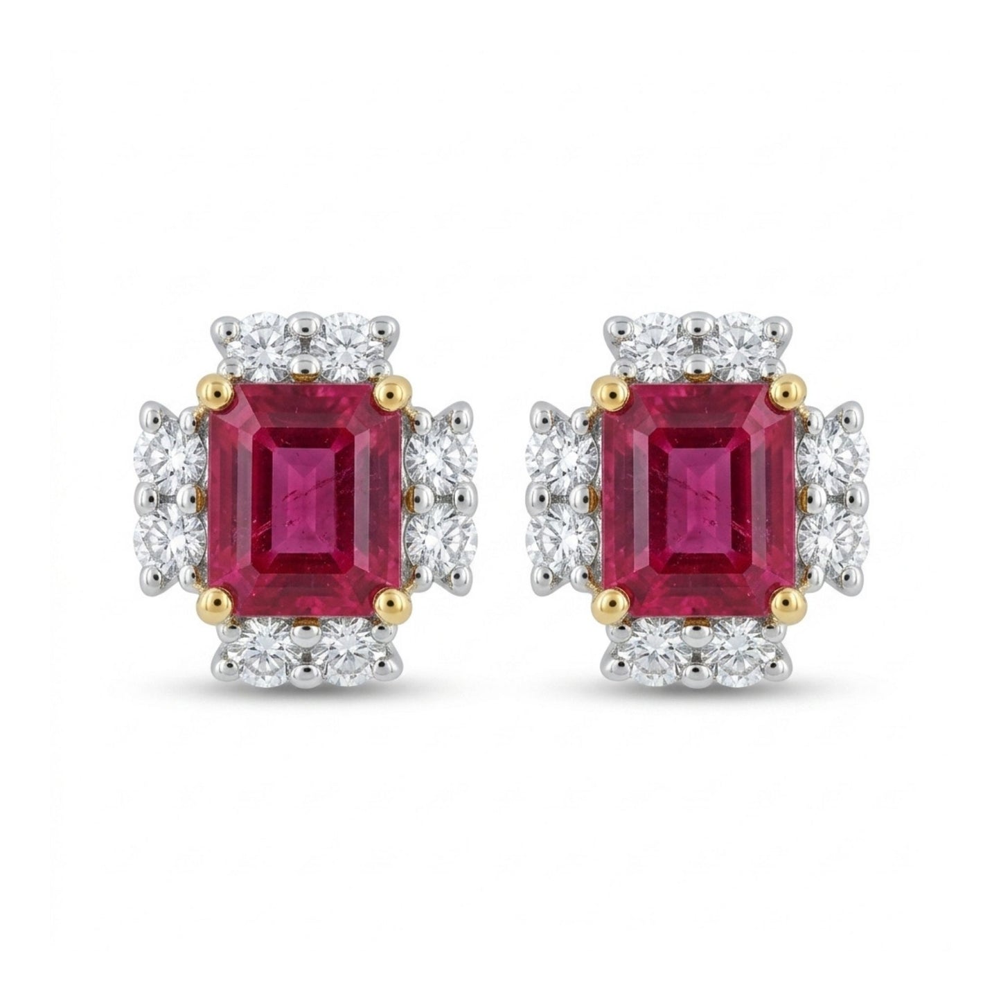 18K 0.36cttw Emerald Cut Red Beryl 0.14cttw White Diamonds Stud Earrings