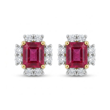 18K 0.36cttw Emerald Cut Red Beryl 0.14cttw White Diamonds Stud Earrings