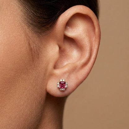 18K 0.36cttw Emerald Cut Red Beryl 0.14cttw White Diamonds Stud Earrings