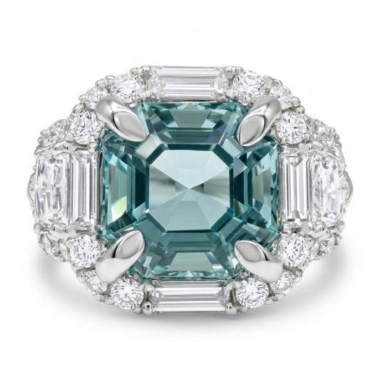 18K 2.63ct Asscher Cut Vanadium Beryl 0.97cttw White Diamonds Ring