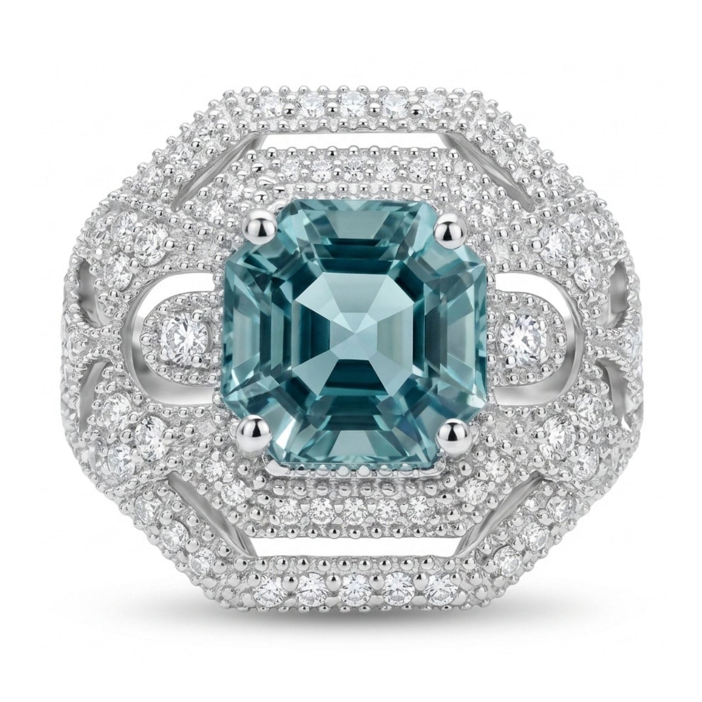 14K 1.86ct Asscher Cut Vanadium Beryl 0.43cttw VS White Diamonds Ring