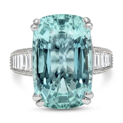 14K 6.18ct Cushion Vanadium Beryl 0.46cttw Baguette White Diamond Ring