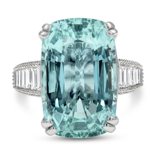14K 6.18ct Cushion Vanadium Beryl 0.46cttw Baguette White Diamond Ring