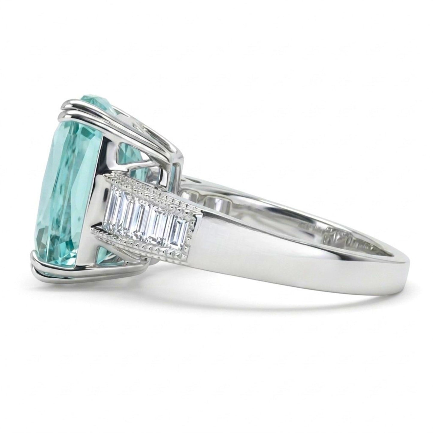 14K 6.18ct Cushion Vanadium Beryl 0.46cttw Baguette White Diamond Ring