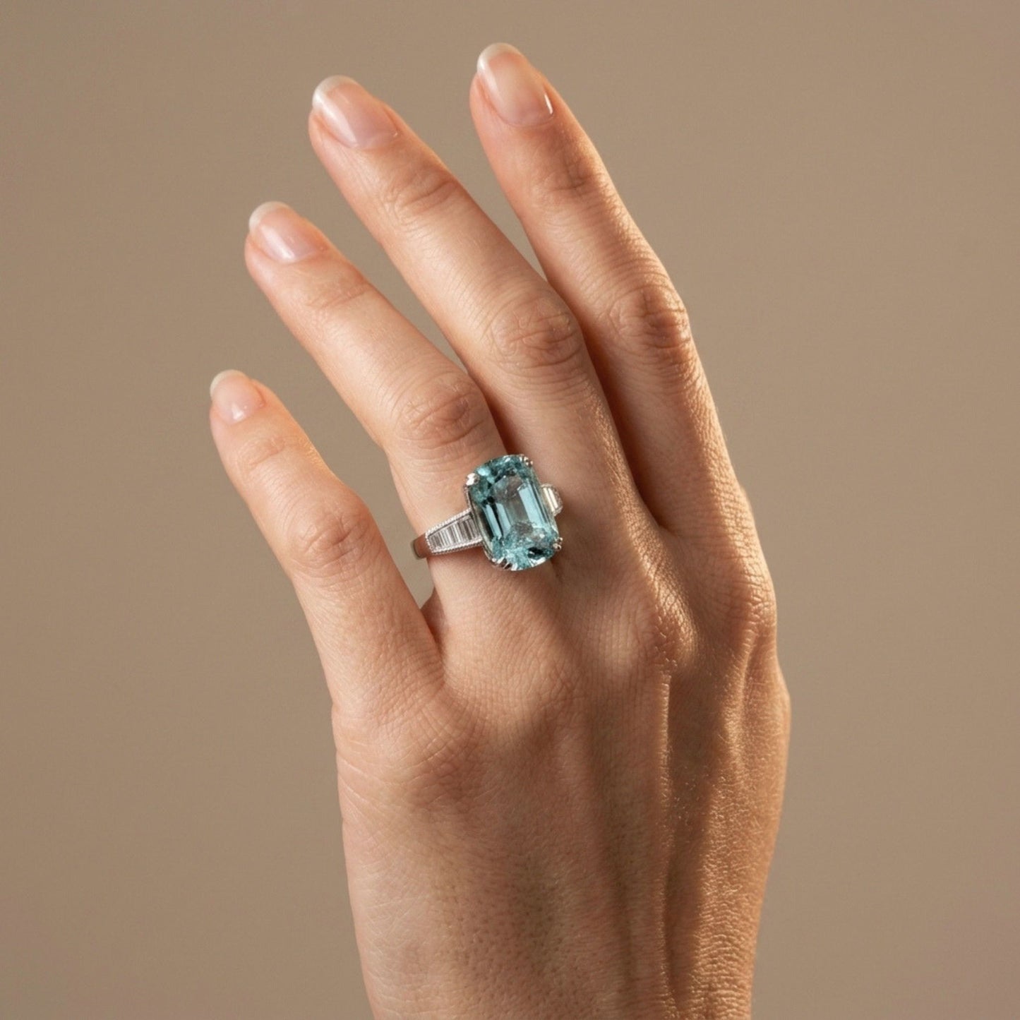 14K 6.18ct Cushion Vanadium Beryl 0.46cttw Baguette White Diamond Ring