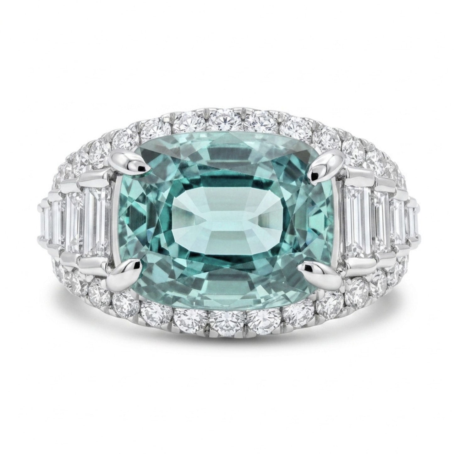 14K 3.20ct Cushion Vanadium Beryl 1.14cttw White Diamonds Ring