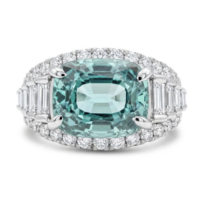 14K 3.20ct Cushion Vanadium Beryl 1.14cttw White Diamonds Ring