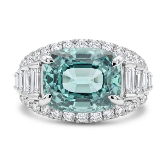 14K 3.20ct Cushion Vanadium Beryl 1.14cttw White Diamonds Ring
