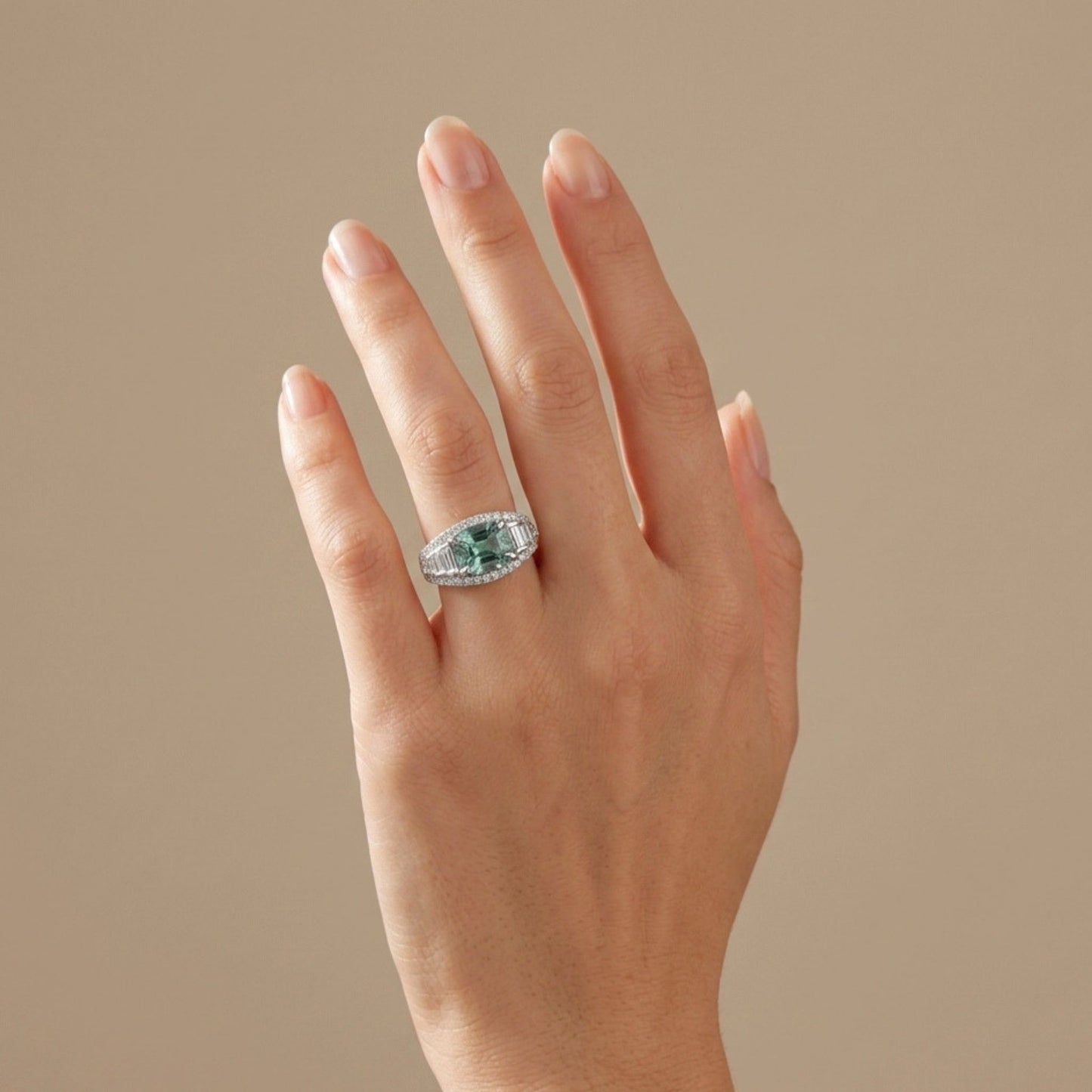 14K 3.20ct Cushion Vanadium Beryl 1.14cttw White Diamonds Ring