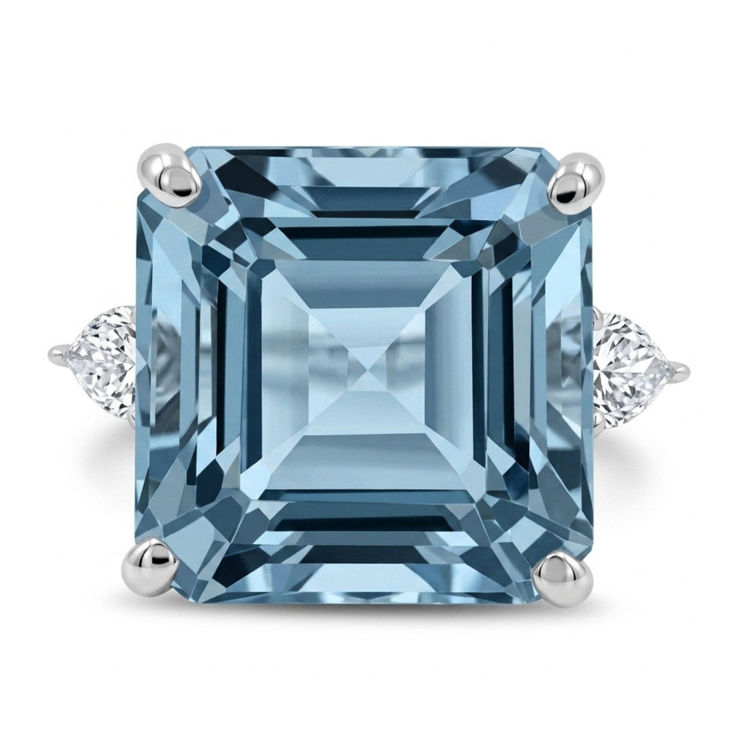 14K 10.12ct Asscher Cut Santa Maria Aquamarine 0.50cttw Pear Shape VS White Diamond Ring