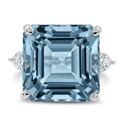 14K 10.12ct Asscher Cut Santa Maria Aquamarine 0.50cttw Pear Shape VS White Diamond Ring