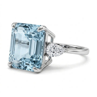 14K 10.12ct Asscher Cut Santa Maria Aquamarine 0.50cttw Pear Shape VS White Diamond Ring