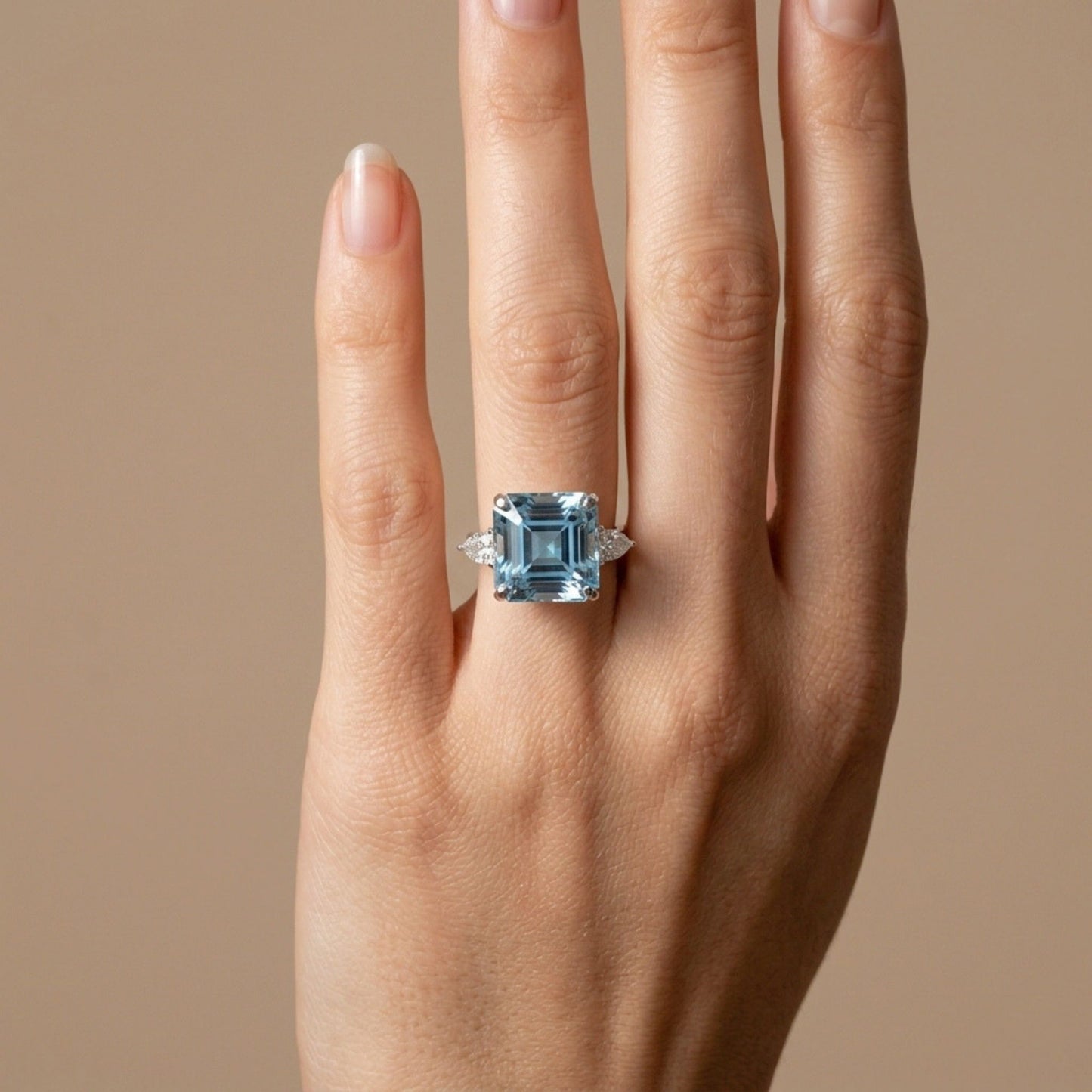 14K 10.12ct Asscher Cut Santa Maria Aquamarine 0.50cttw Pear Shape VS White Diamond Ring