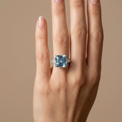 14K 10.12ct Asscher Cut Santa Maria Aquamarine 0.50cttw Pear Shape VS White Diamond Ring