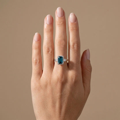 18K 1.29ct Emerald Cut Indicolite 0.31cttw White Diamonds Ring