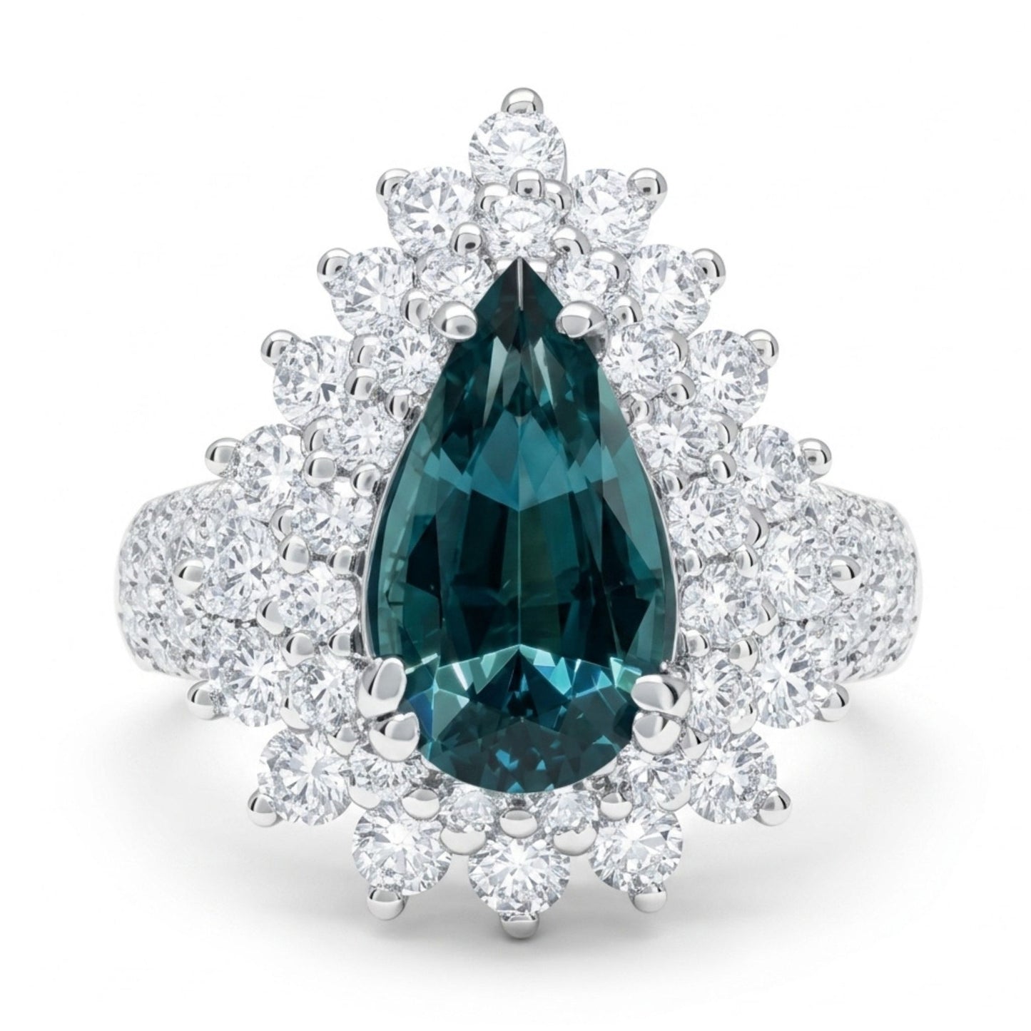 14K 1.52ct Pear Shape Indicolite 1.47cttw VS White Diamonds Ring