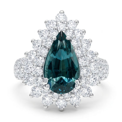 14K 1.52ct Pear Shape Indicolite 1.47cttw VS White Diamonds Ring