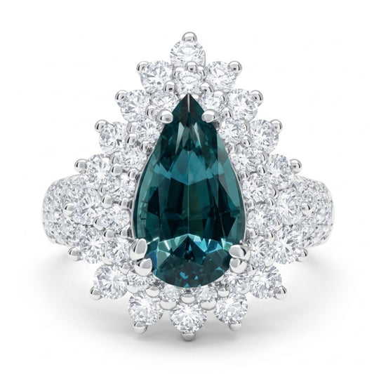 14K 1.52ct Pear Shape Indicolite 1.47cttw VS White Diamonds Ring