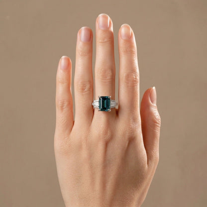 18K 2.99ct Emerald Cut Indicolite 0.72cttw White Diamonds Ring