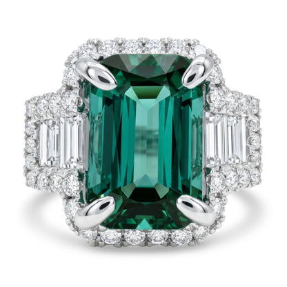 18K 2.40ct Cushion Lagoon Tourmaline 0.69cttw White Diamonds Ring