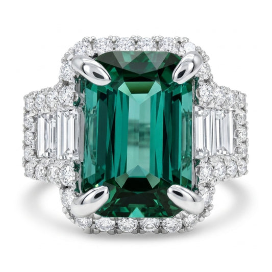 18K 2.40ct Cushion Lagoon Tourmaline 0.69cttw White Diamonds Ring