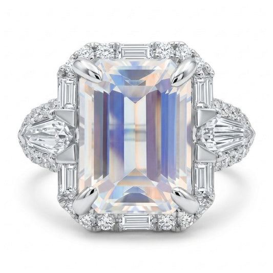 18K 4.15ct Emerald Cut Moonstone 0.86cttw White Diamonds Ring