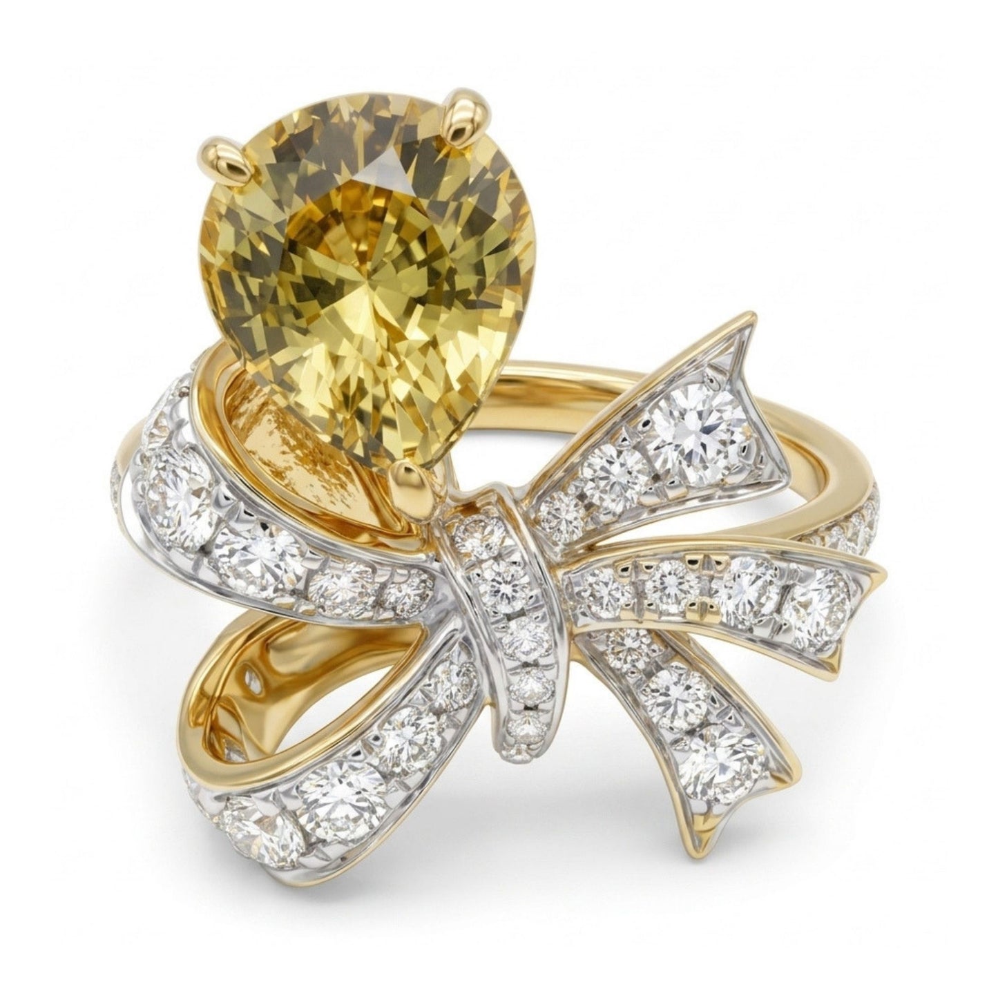 14K 1.84ct Pear Shape Unheated Yellow Sapphire 0.62cttw VS White Diamonds Ring