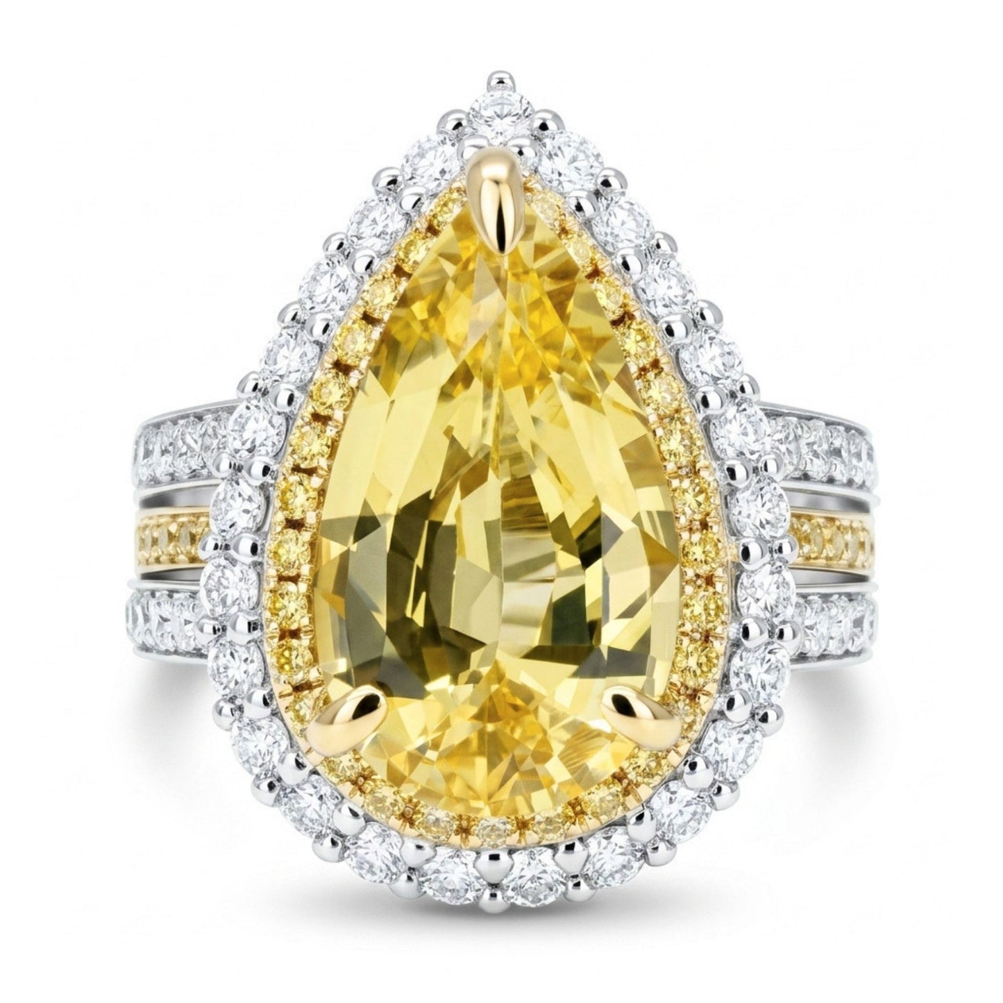 14K 3.34ct Pear Shape Unheated Yellow Sapphire 1.03cttw Yellow & White Diamonds Ring