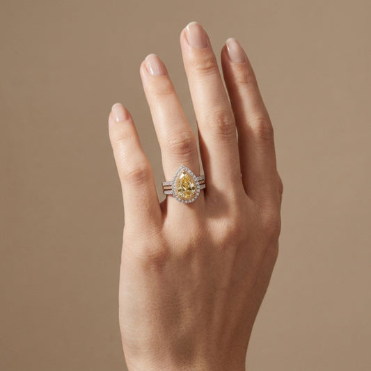 14K 3.34ct Pear Shape Unheated Yellow Sapphire 1.03cttw Yellow & White Diamonds Ring