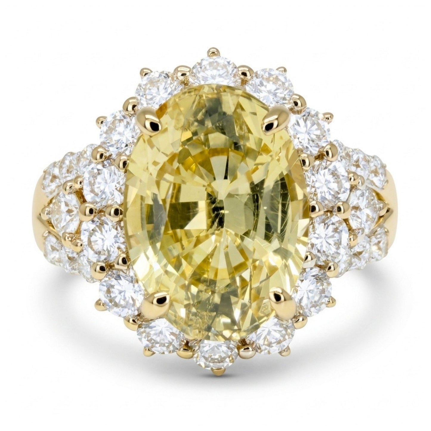 14K 4.45ct Oval Unheated Yellow Sapphire 1.18cttw VS White Diamonds Ring