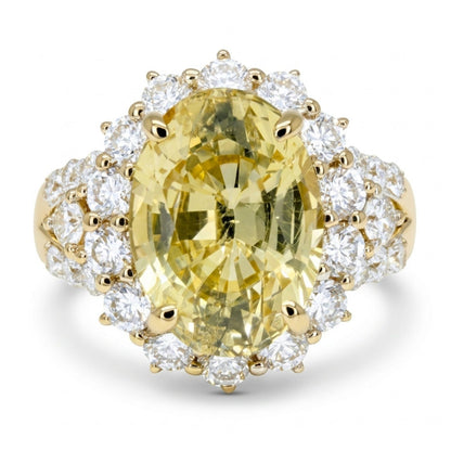 14K 4.45ct Oval Unheated Yellow Sapphire 1.18cttw VS White Diamonds Ring