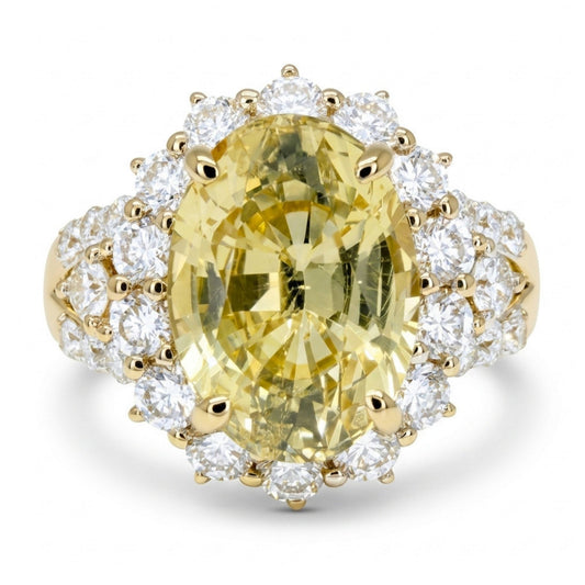 14K 4.45ct Oval Unheated Yellow Sapphire 1.18cttw VS White Diamonds Ring